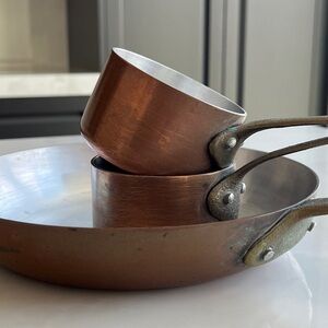 Copper Pots. Canadian Copper Sautee Pan and Sauce Pots. Set of 3.